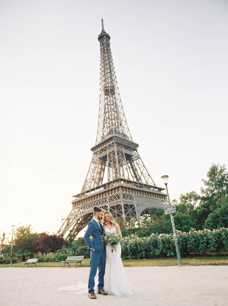 bride and groom under the Eiffel tower Paris