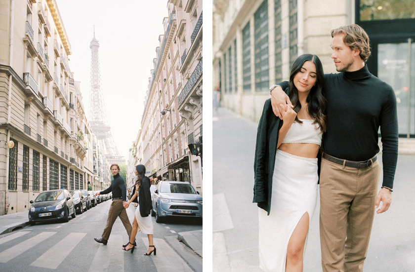 A newly engaged couple walking on streets of Paris near Eiffel Tower