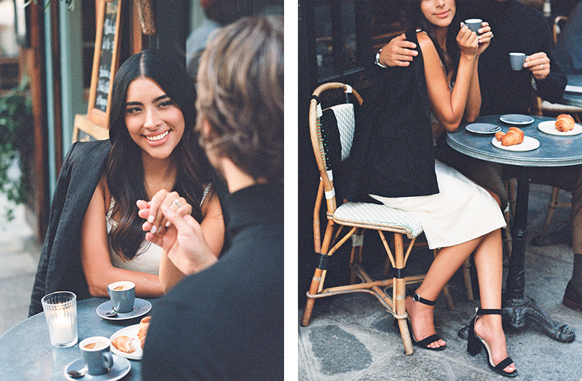 An engaged couple at a Parisian cafe drinking coffee