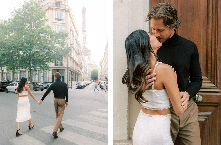 A newly engaged couple walking on street of Paris with Eiffel Tower at the background