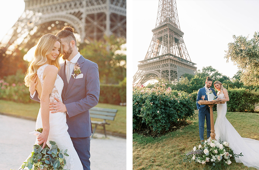 A couple cutting cake under the Eiffel tower