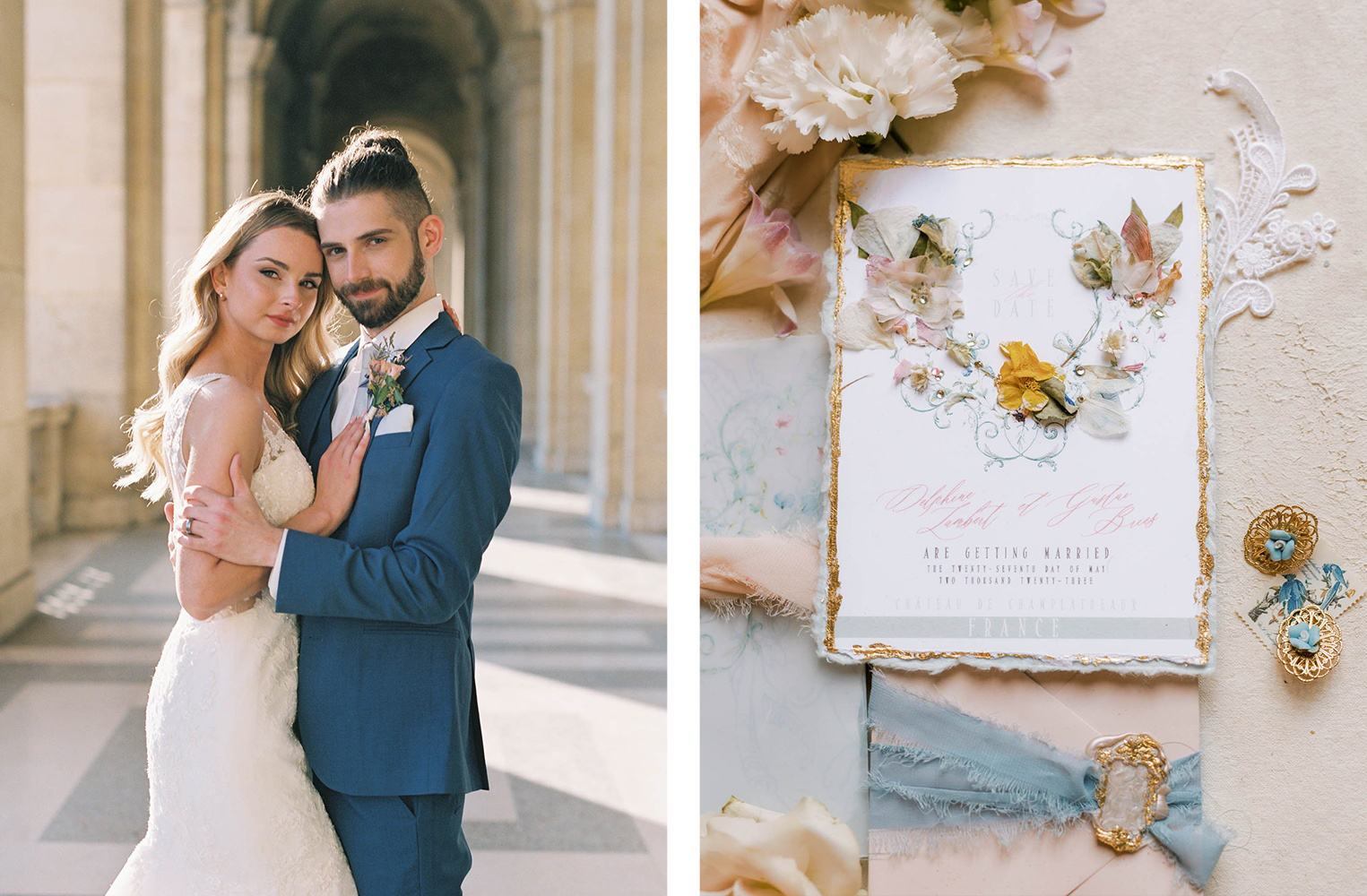 bride and groom & invitation card at Louvre Paris