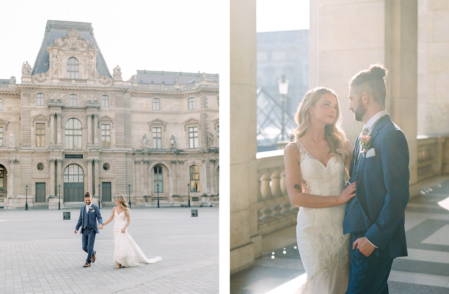 bride and groom walking at Louvre Paris