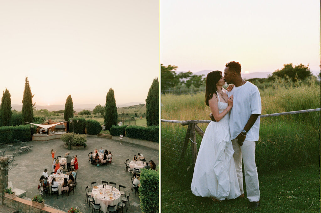 A side-by-side diptych of a Tuscan wedding at sunset. On the left, an elevated wide shot captures guests seated at round, linen-draped tables on a stone terrace, framed by manicured hedges, tall cypress trees, and a glowing peach sky over rolling hills in the distance. On the right, the bride in a white ruffled dress and the groom in a casual white outfit share a tender kiss beside a rustic wooden fence in a lush green meadow, with the warm golden sunset and Tuscan countryside stretching behind them.